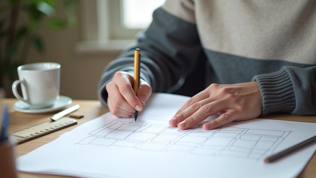 Designer skizziert Abstandssystem auf Papier mit Lineal und Notizen