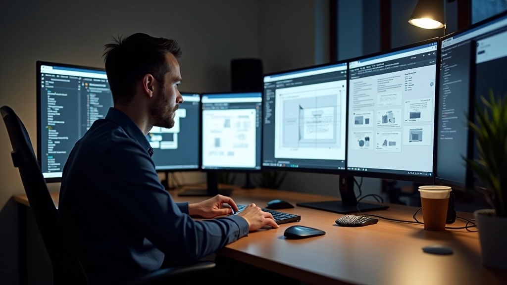 Designer arbeitet an Rasterlayout-Design mit Gitterlinien und Messwerkzeugen auf Bildschirm