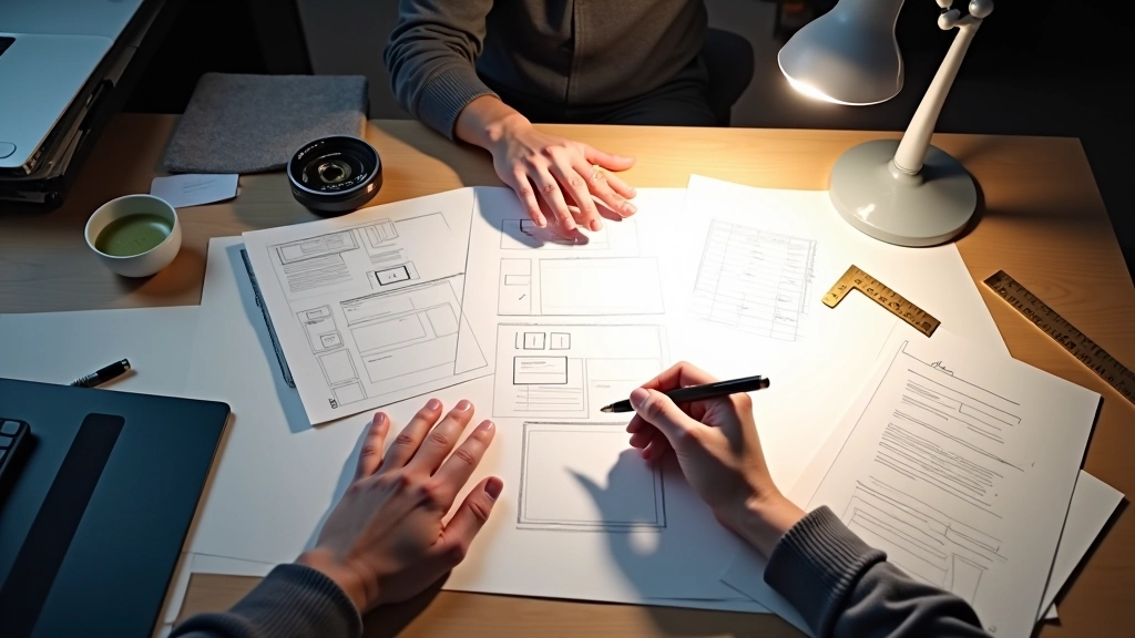 Designer arbeitet an Rasterlayout-Dokumentation mit Lineal und Stift auf Schreibtisch