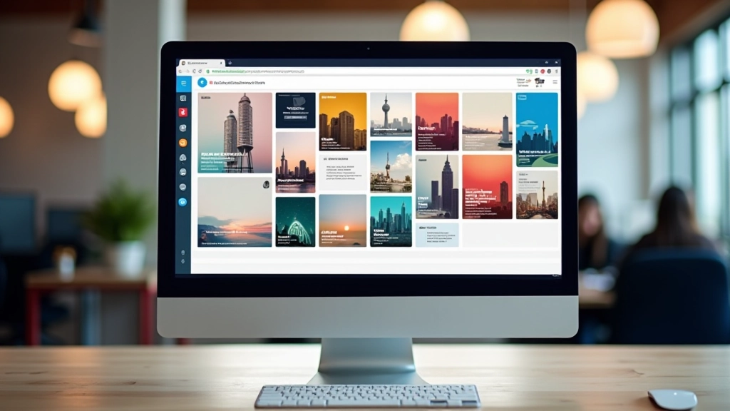 Webseite mit Masonry-Galerie auf Desktop-Monitor, verschiedenfarbige Kacheln in organischem Layout