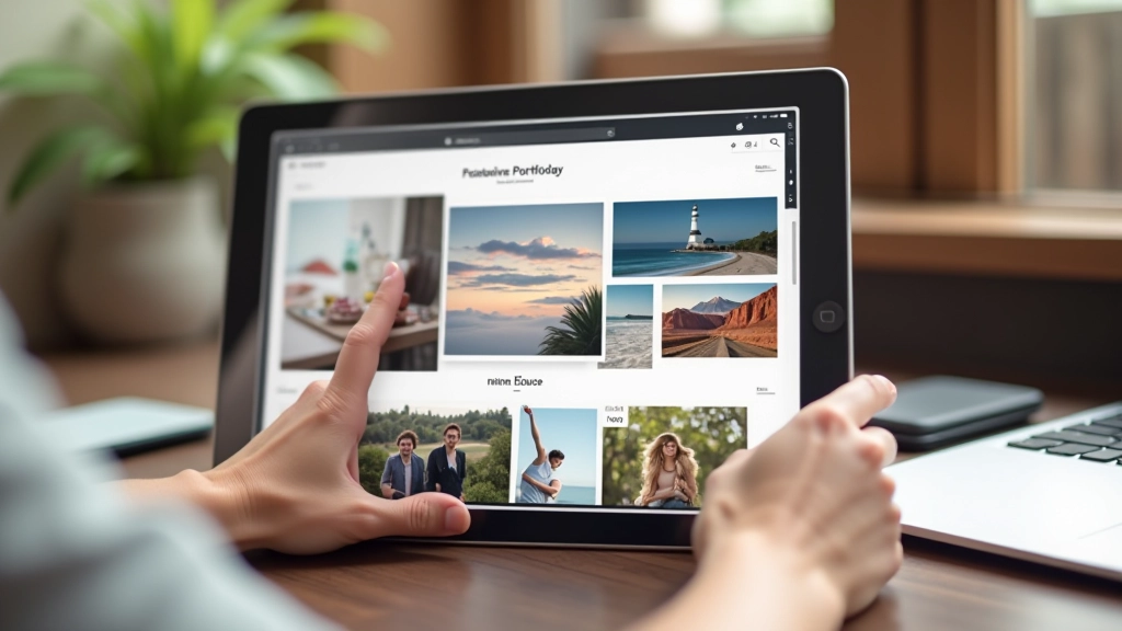 Portfolio-Website auf Tablet mit Masonry-Anordnung von Kunstfotografien verschiedener Größen